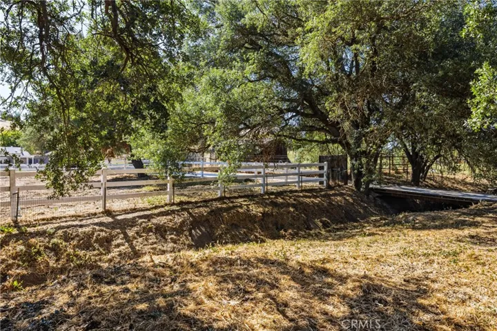 Shaded Animal Pens – Covered pens nestled beneath mature oak trees near the seasonal creek and bridge, offering shade and a peaceful natural setting.