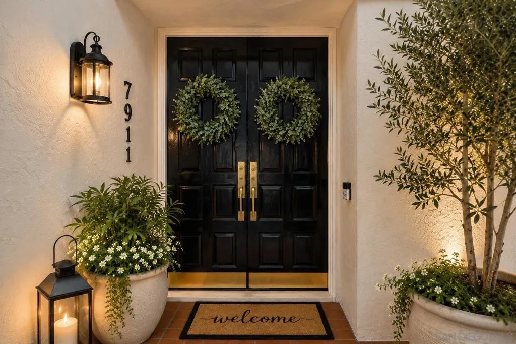 Front door virtually staged.