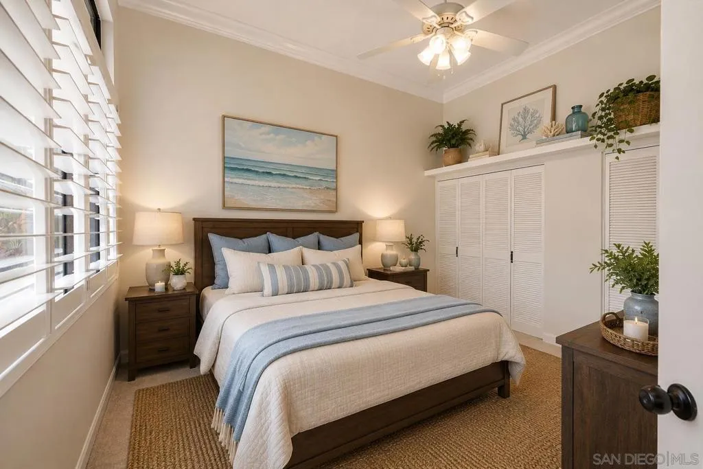 1st Floor Guest Bedroom with High Ceilings, Bathroom Ensuite and Custom Curated Plantation Shutters. Virtually Staged.