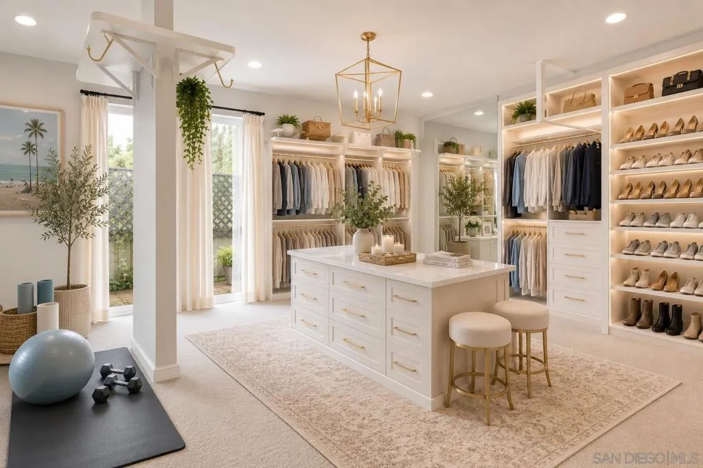 Virtually Staged. 3rd Bedroom: Optional His/Her's Dressing Room/Children's Room/Office/Home Gym, & Bathroom Ensuite. Custom Curated Closets and Ballet Bar. Opens to the Huge Balcony Adjoining Primary Bedroom.