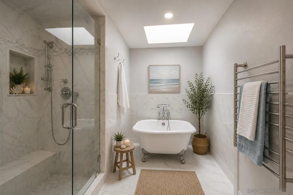 Fully Updated Luxury Spa Primary Bathroom with a Separate Closet, Water Closet including a Bidet, Heated Towel Rack, Footed Tub, Spa Shower and two Sky Lights, Offering Great Natural Lighting. Virtually Staged.