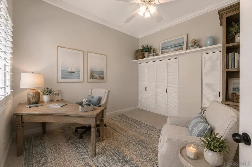 1st Floor Guest Bedroom Virtually Staged as an Optional Office/Den and Custom Curated Plantation Shutters. Virtually Staged.