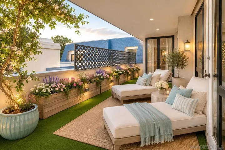 Virtually Staged. Large Outdoor Covered Balcony with Ocean Breezes and Views of Mount Soledad and Trees- Opening to the Primary Bedroom and the 3rd Bedroom/Optional His/Her's Dressing Room/Children's Room/Office.