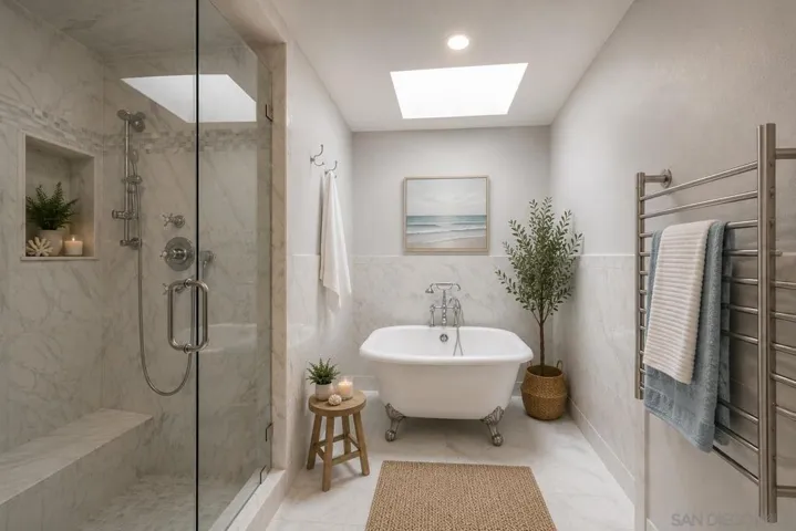 Fully Updated Luxury Spa Primary Bathroom with a Separate Closet, Water Closet including a Bidet, Heated Towel Rack, Footed Tub, Spa Shower and two Sky Lights, Offering Great Natural Lighting. Virtually Staged.