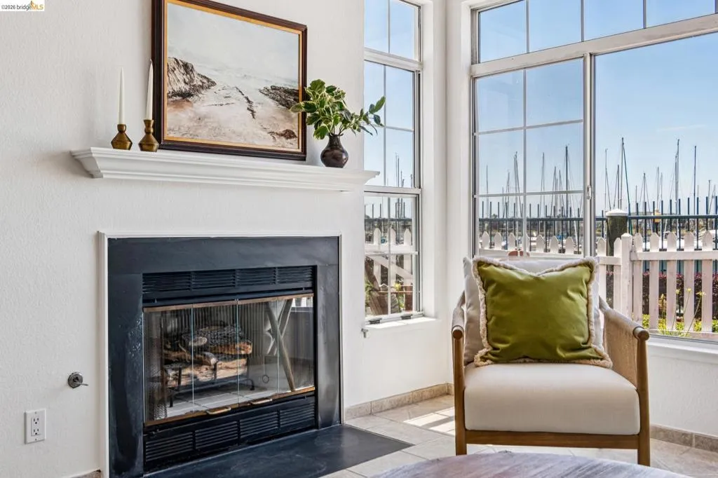 Fireplace with black surround and white mantel