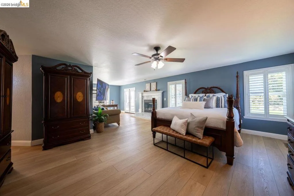 Spacious room featuring wood-finish flooring, blue accent walls, and multiple windows with white plantation shutters