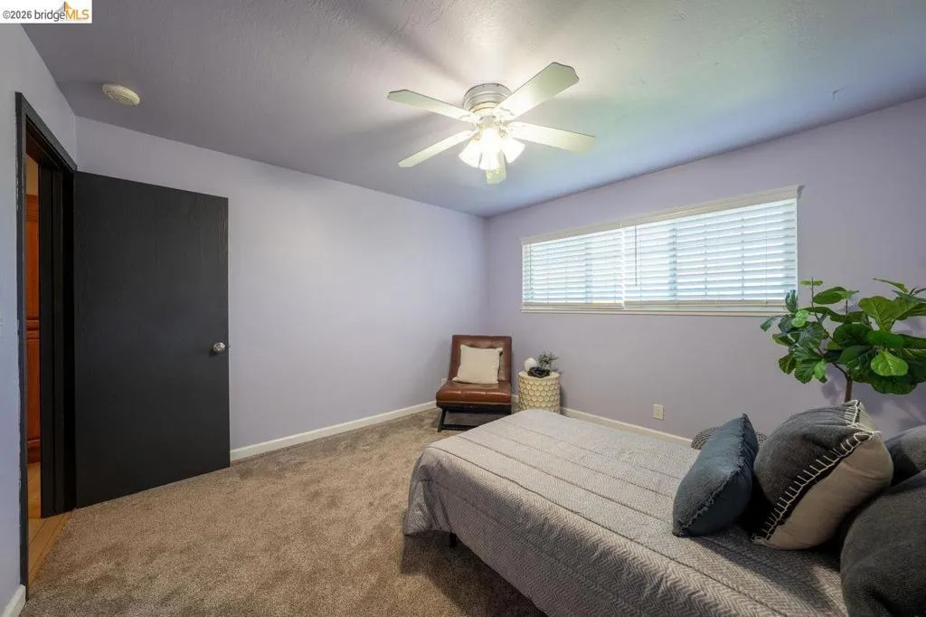 Bedroom featuring a ceiling fan with integrated lighting, a horizontal window with blinds, light purple wall paint, and gray carpet flooring