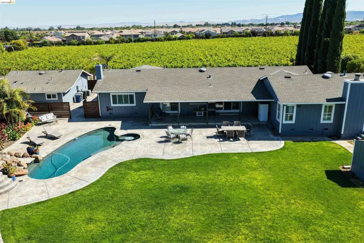 Expansive backyard featuring a freeform swimming pool, integrated spa, surrounding concrete patio, and a broad lawn area