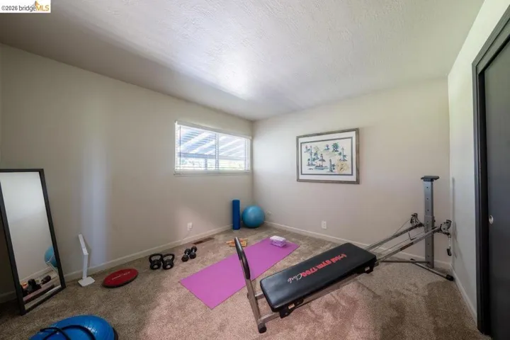 Carpeted room featuring a window with blinds, light-toned walls, and a dark-framed closet door