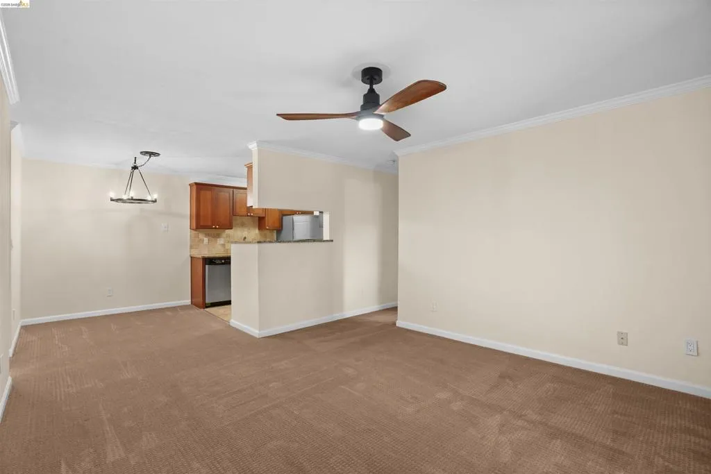 Spacious living area featuring neutral-toned carpeting and light-colored walls