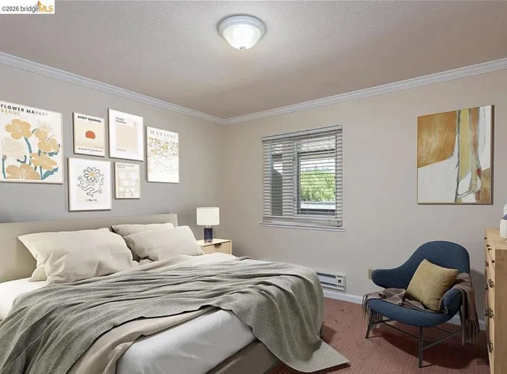Neutral wall tones with white crown molding, light-colored ceiling, window with blinds, and baseboard heating element