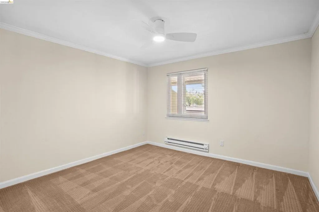 Neutral-toned walls complement the carpeted flooring