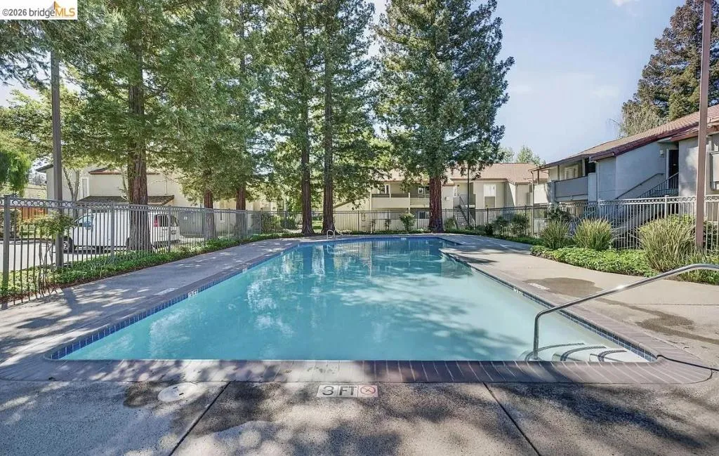 Rectangular swimming pool with integrated steps, surrounded by concrete decking and metal fencing