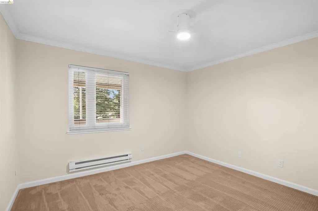 Carpeted interior space featuring a window with horizontal blinds, wall-mounted baseboard heating unit, ceiling-mounted light fixture, and white crown molding