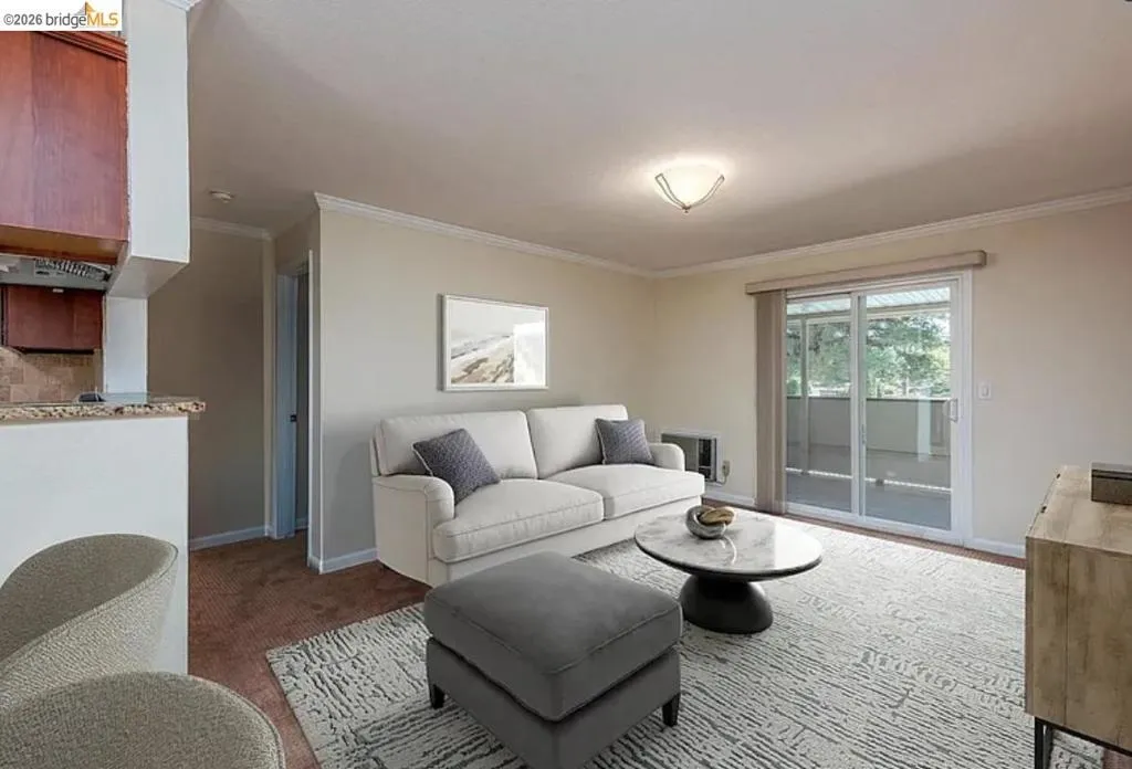 Living area featuring a sliding glass door to an outdoor patio, crown molding, and a built-in kitchen pass-through with a granite countertop and wood cabinetry