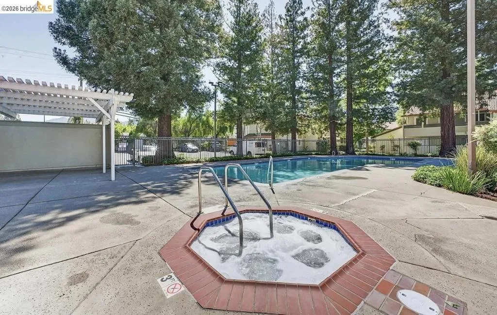 Outdoor spa with brick coping and adjacent swimming pool, surrounded by concrete decking, a white pergola, and mature trees