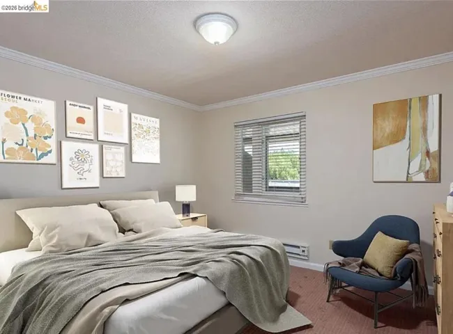 Neutral wall tones with white crown molding, light-colored ceiling, window with blinds, and baseboard heating element