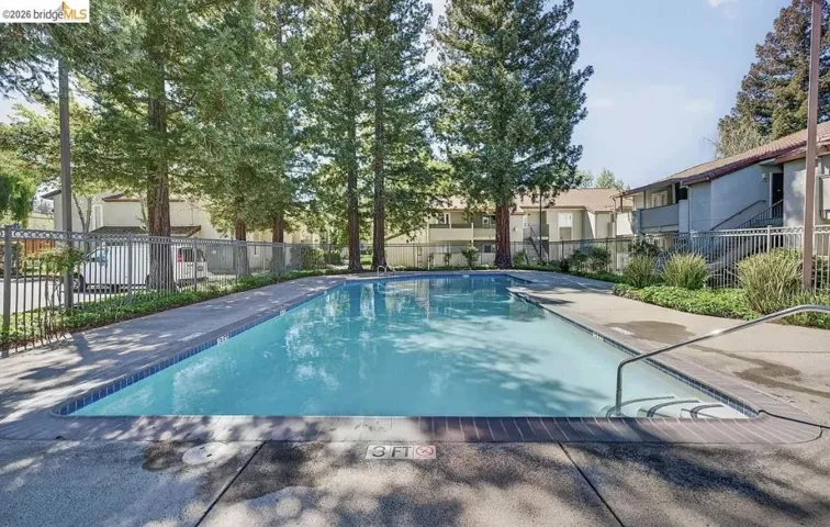 Rectangular swimming pool with integrated steps, surrounded by concrete decking and metal fencing