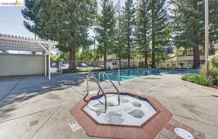 Outdoor spa with brick coping and adjacent swimming pool, surrounded by concrete decking, a white pergola, and mature trees