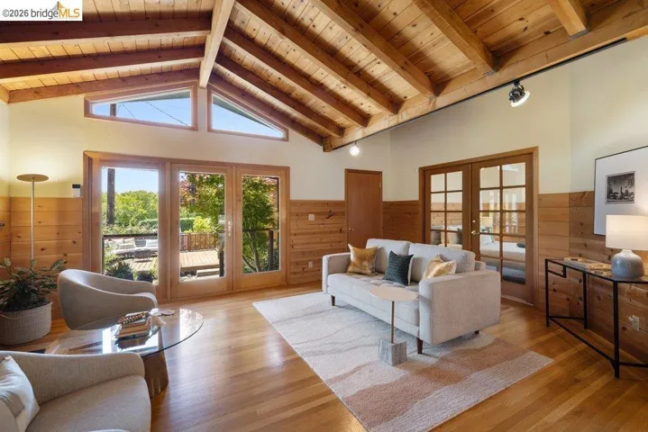 Vaulted wood-paneled ceilings with exposed beams