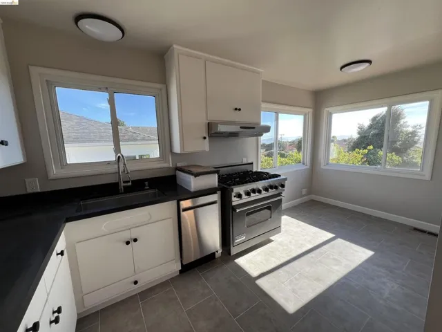 Modern kitchen featuring white cabinetry, black countertops, stainless steel appliances, and large windows