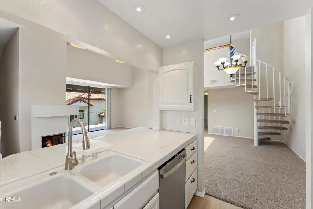 kitchen open to dining area