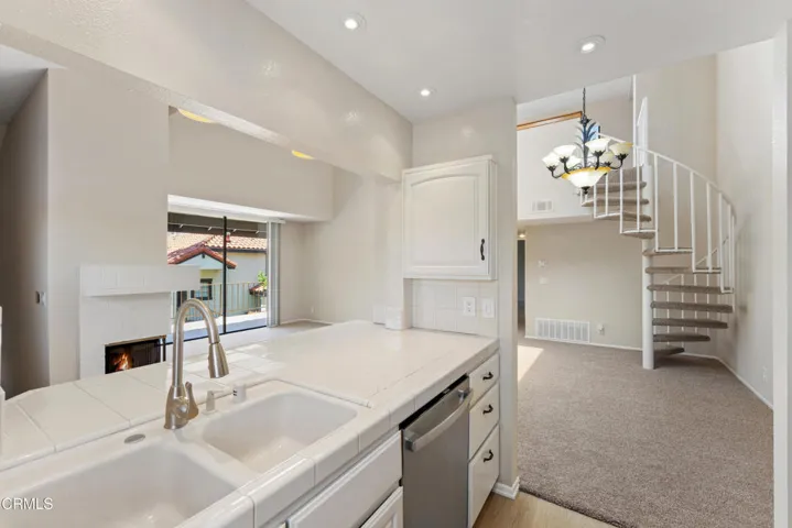 kitchen open to dining area