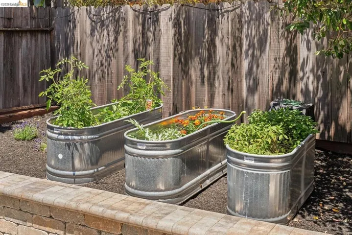 Three galvanized steel raised garden beds for vegetables and herbs.