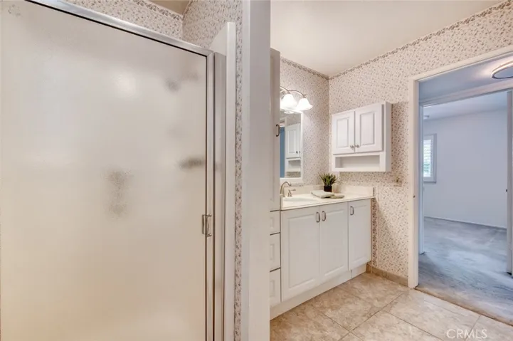 Main floor hall bathroom with walk-in shower adjacent to downstairs bedroom.