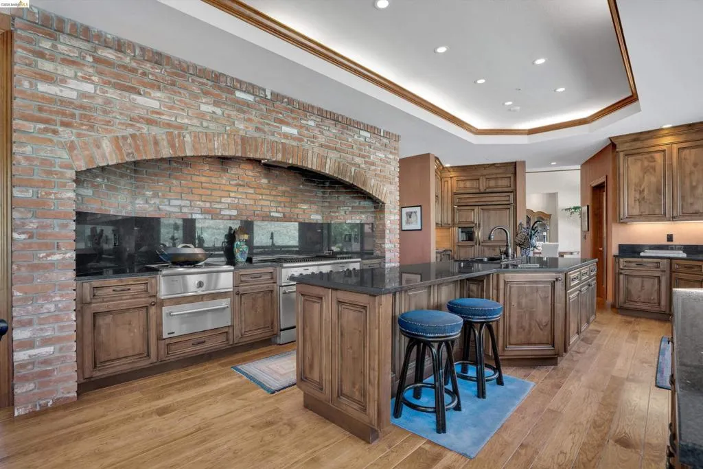 Gourmet kitchen featuring a brick archway over stainless steel appliances, dark wood cabinetry, dark stone countertops, wood-finish flooring, and a tray ceiling with recessed lighting