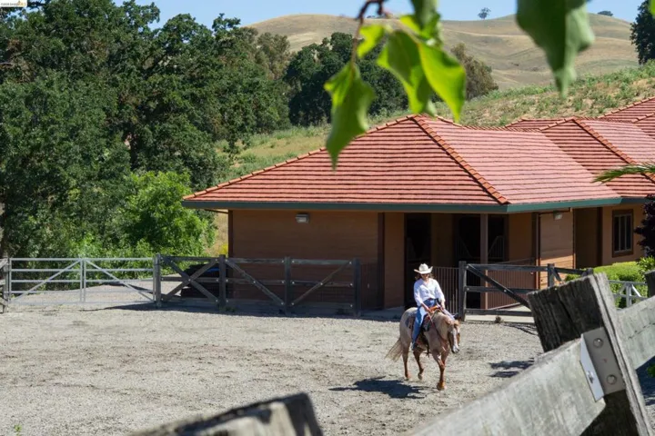 Equestrian facility featuring multiple stalls with individual dutch doors, red tile roofing, and a spacious outdoor arena