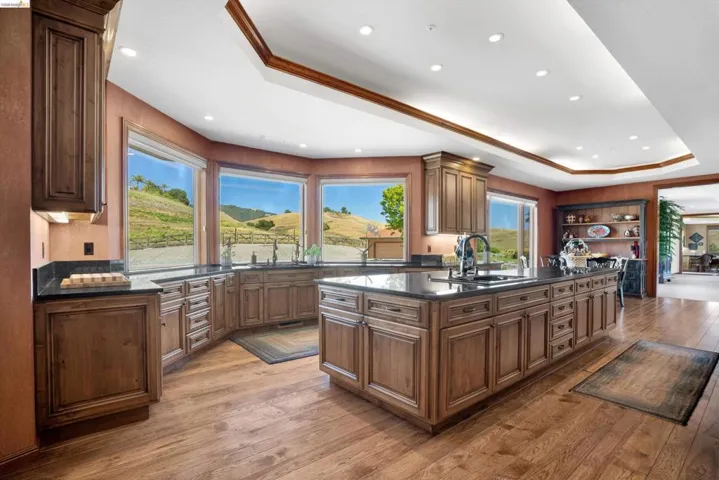 Gourmet kitchen featuring a large central island, dark stone countertops, wood-finish flooring, recessed lighting, and expansive windows