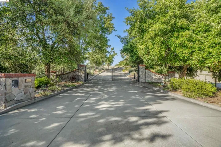 Gated entry featuring a concrete driveway, stone and brick pillars, and mature trees