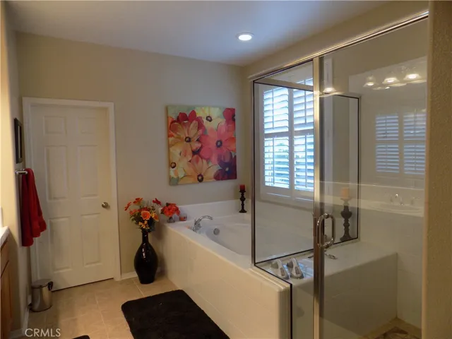 Roman tub and walk in shower...door leads to huge walk in closet