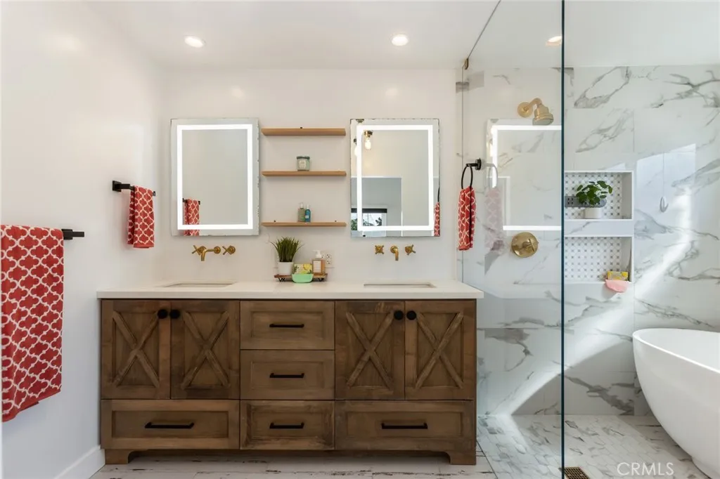 gorgeous spa-like bathroom with dual vanity