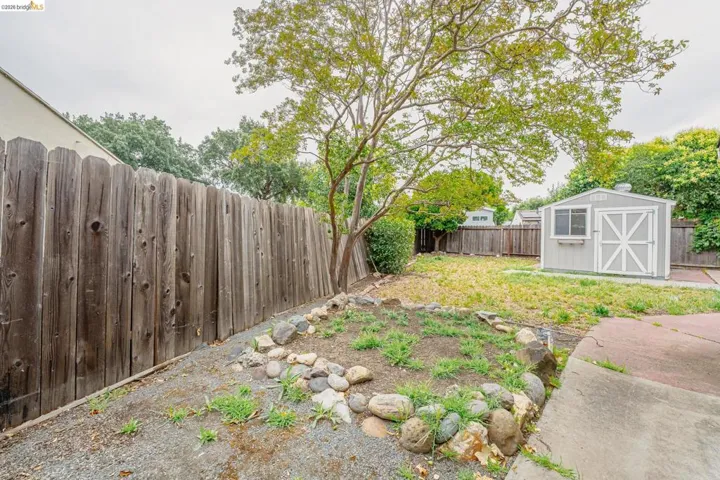 Expansive backyard featuring a wood privacy fence, mature trees, a concrete patio, and a dedicated storage shed