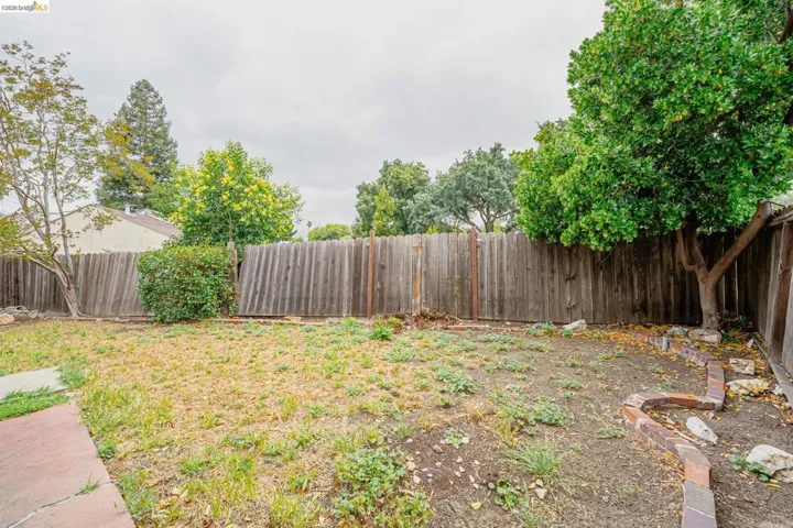 Spacious backyard featuring a wood fence, mature trees, and a brick-lined border