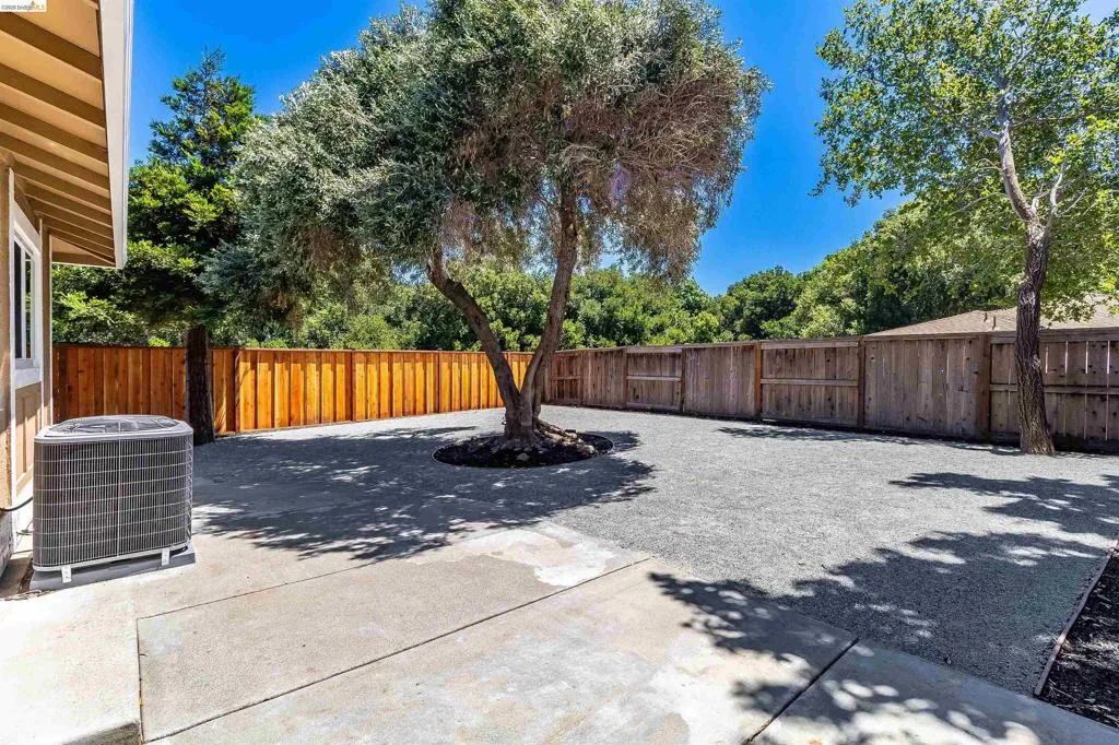 Outdoor space featuring a gravel area, mature trees, and a concrete patio
