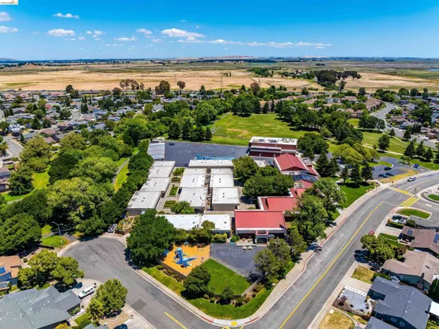 Expansive neighborhood featuring mature trees, residential properties, paved roads, and open fields in the background