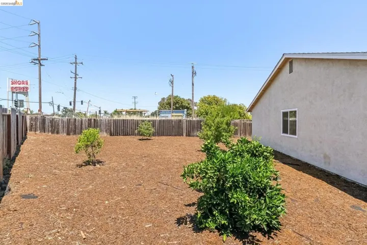 Expansive rear yard featuring wood chip ground cover, several young fruit trees, and a tall wood privacy fence