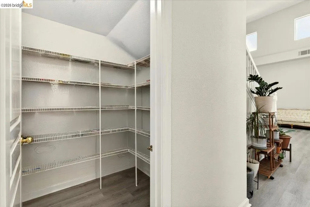 Walk-in pantry featuring extensive wire shelving, wood-finish flooring, and light-toned wall finishes