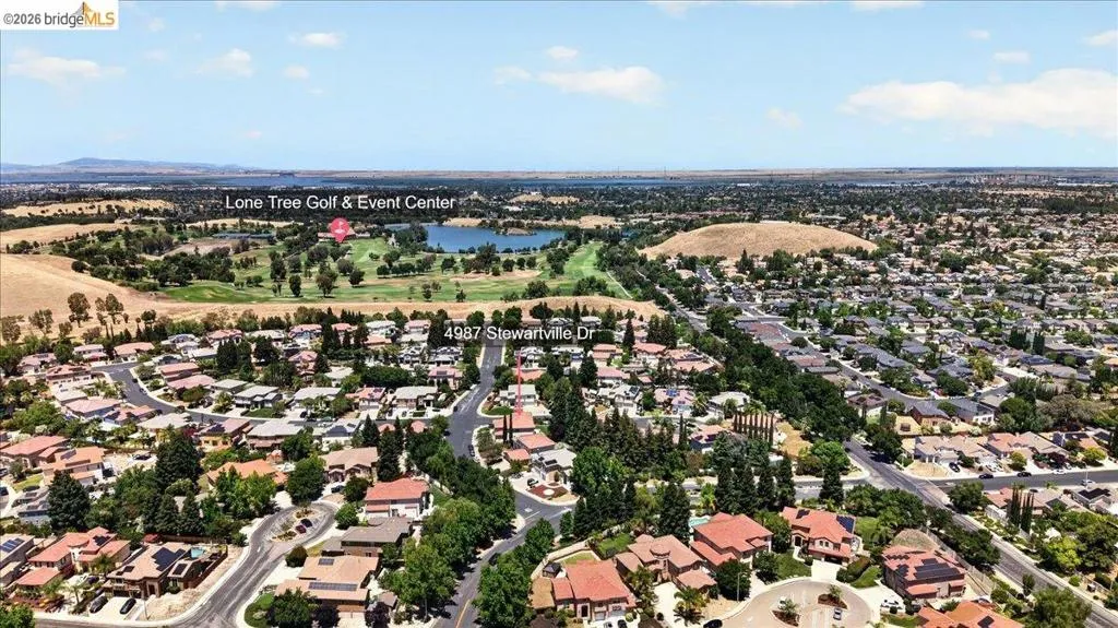 Aerial perspective showcasing a residential community with mature landscaping and varied rooflines