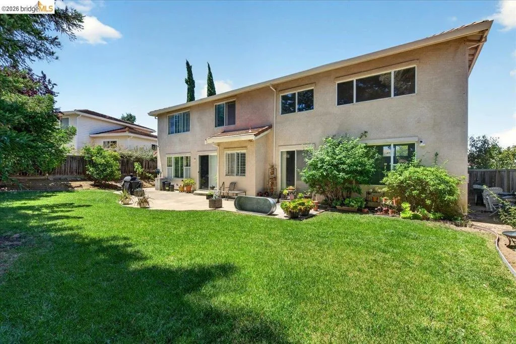 Expansive backyard featuring a manicured lawn, a concrete patio, and mature landscaping