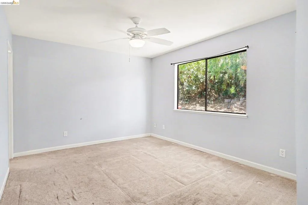 Carpeted room featuring light blue walls, a ceiling fan with integrated lighting, a large window with exterior foliage, and white baseboards