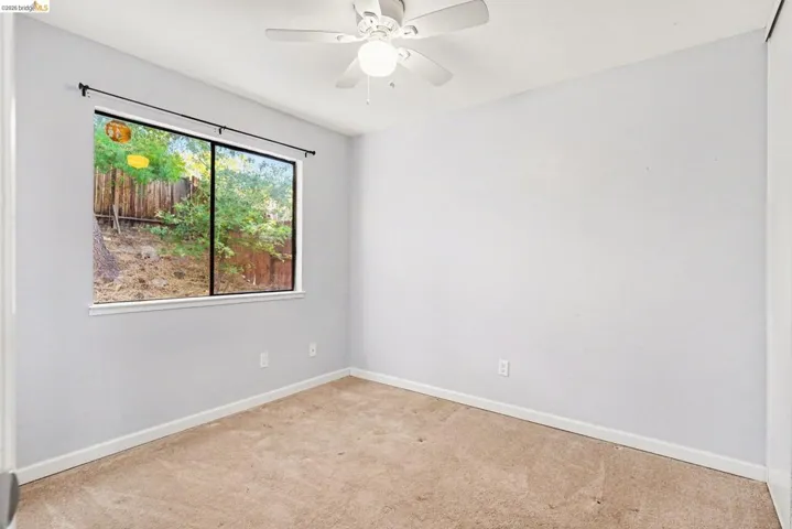 Carpeted room featuring a white ceiling fan with integrated lighting, a large window with a black frame, and white baseboards