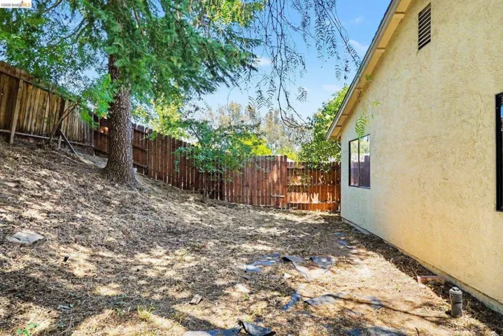 Expansive yard featuring a mature tree, sloped terrain, and a wood fence