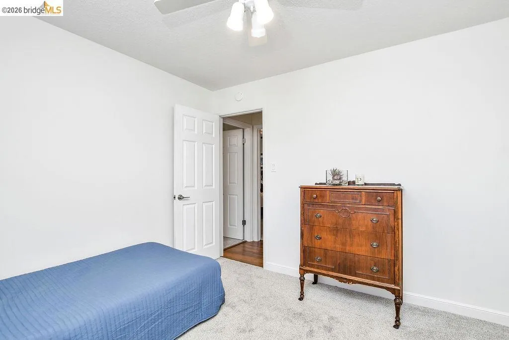 White painted walls with gray carpeting, featuring a white paneled door with brushed nickel hardware