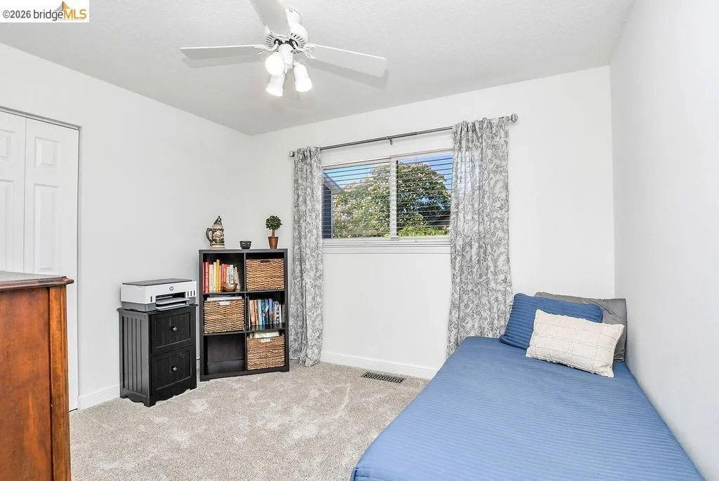 Carpeted room with a ceiling fan, a window with blinds, and white bi-fold closet doors