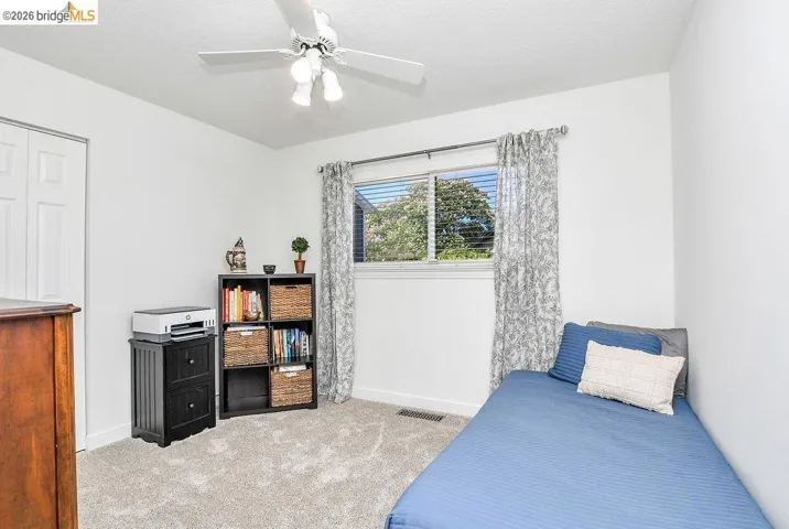 Carpeted room with a ceiling fan, a window with blinds, and white bi-fold closet doors