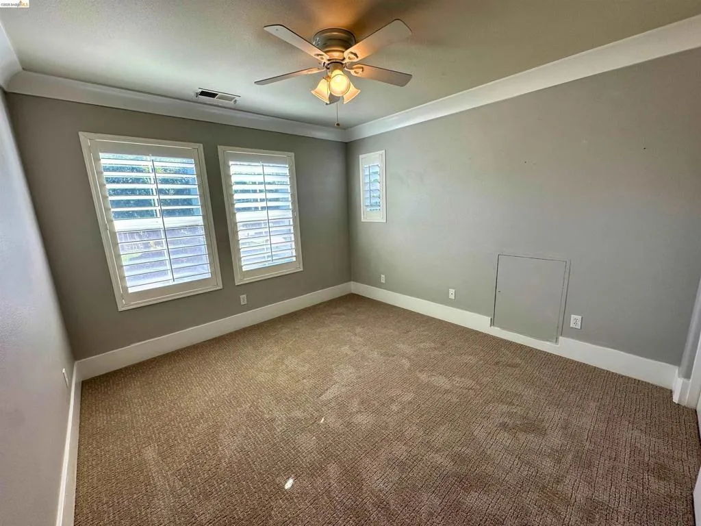 Spacious room with plush carpet flooring, two large windows with white louvered shutters, crown molding, and a ceiling fan with light fixture